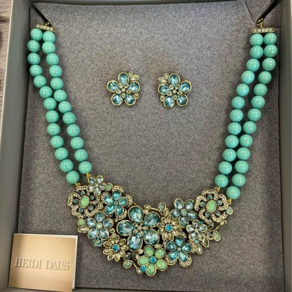 New In Box Heidi Daus Flower Show Crystal & Turquoise Bib Necklace w/ earrings